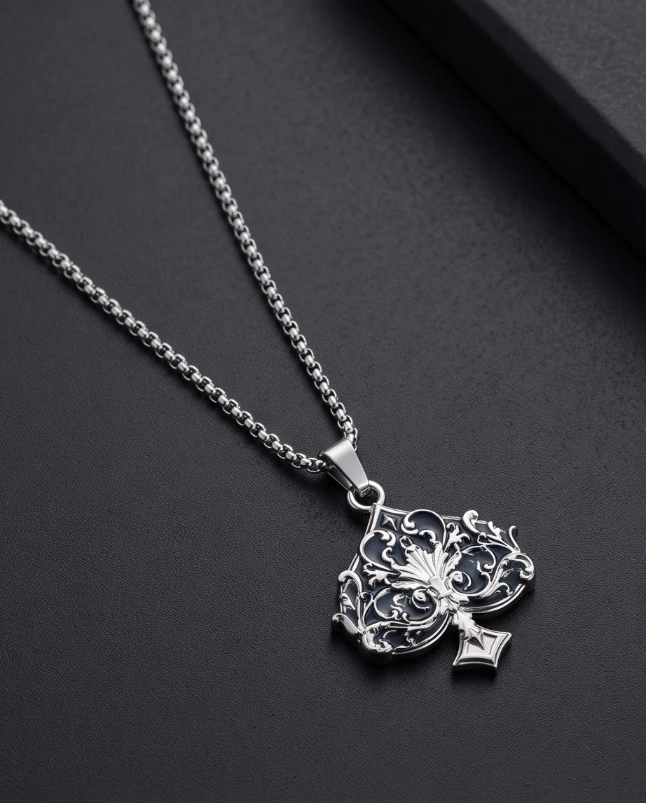 Silver Filigree Ace of Spades Pendant Necklace