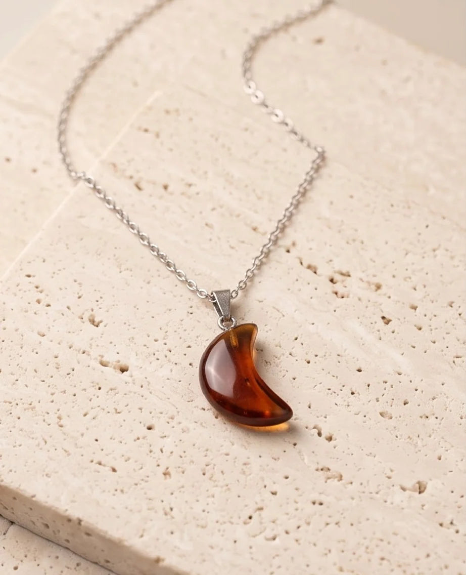 Silver Amber Resin Crescent Moon Pendant Necklace