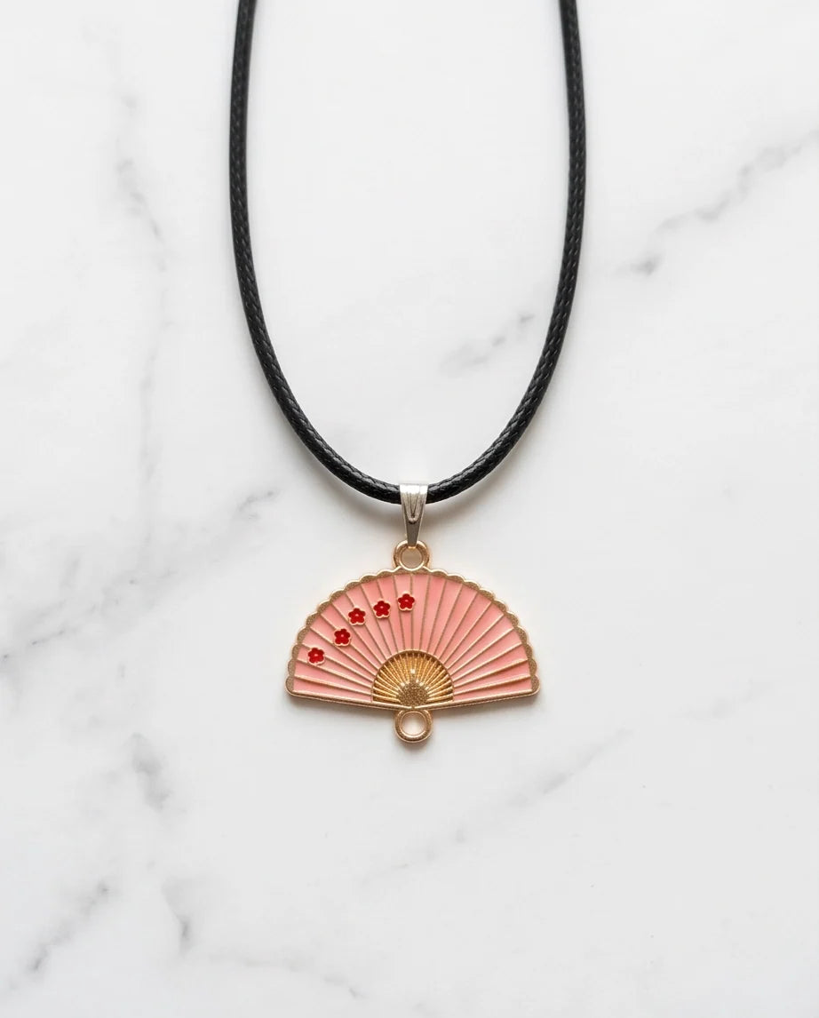 Pink Sakura Fan Pendant Necklace