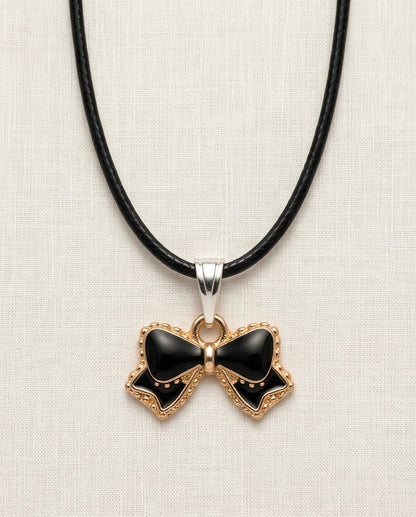 Gold and Black Ribbon Bow Necklace