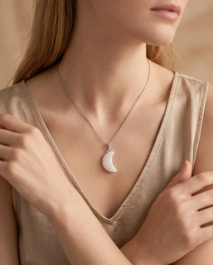 Silver Opal White Crescent Moon Pendant Necklace