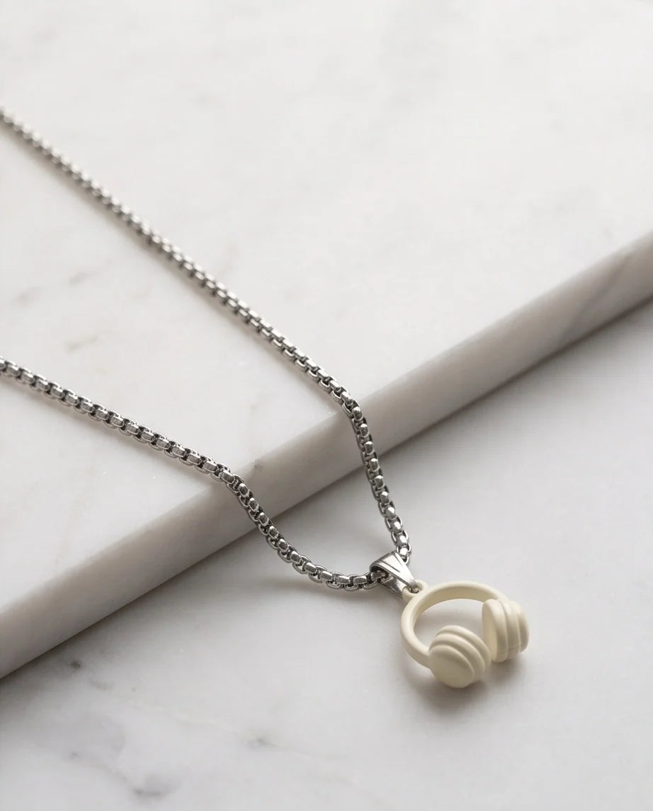 Cream White Headphones Enamel Pendant Necklace