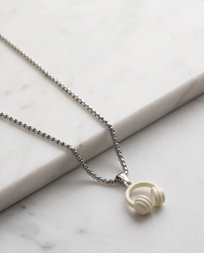 Cream White Headphones Enamel Pendant Necklace