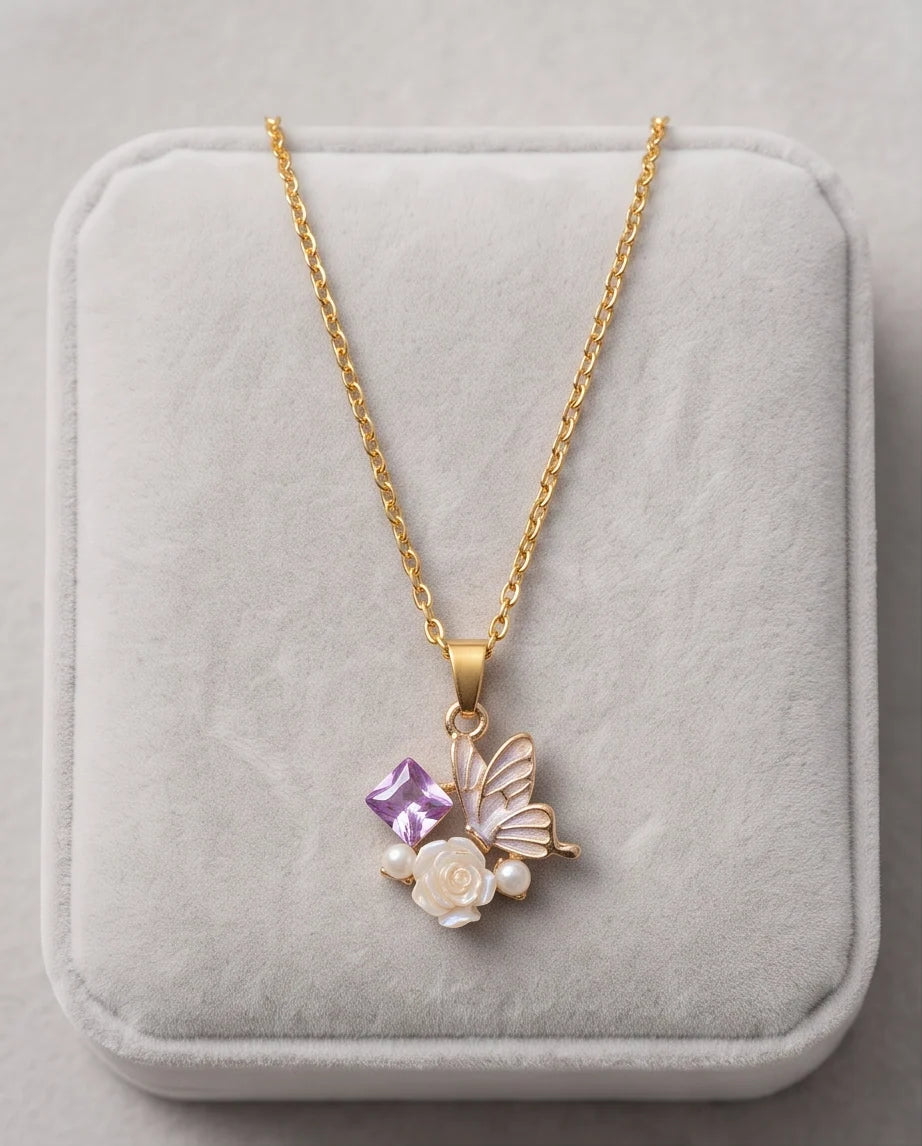Gold Purple Enamel Butterfly & Pearl Rose Cluster Pendant Necklace