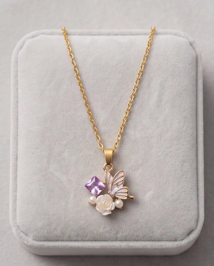 Gold Purple Enamel Butterfly & Pearl Rose Cluster Pendant Necklace
