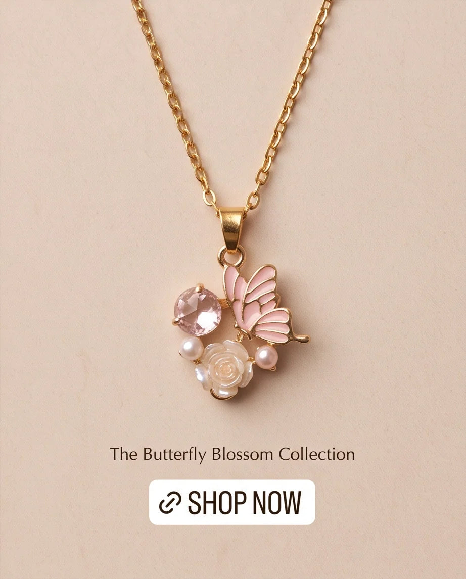 Gold Pink Enamel Butterfly & Pearl Rose Cluster Pendant Necklace