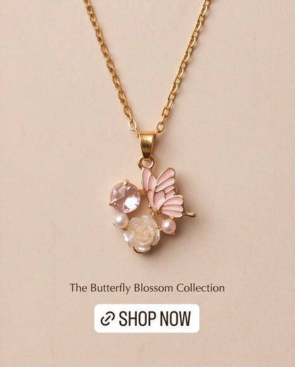 Gold Pink Enamel Butterfly & Pearl Rose Cluster Pendant Necklace