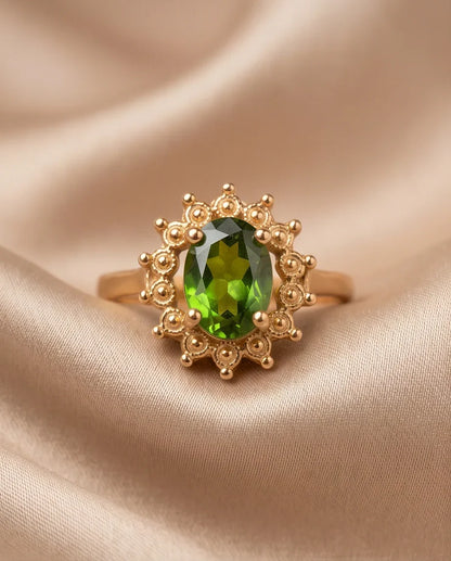Vintage Gold Oval Peridot Victorian Halo Ring