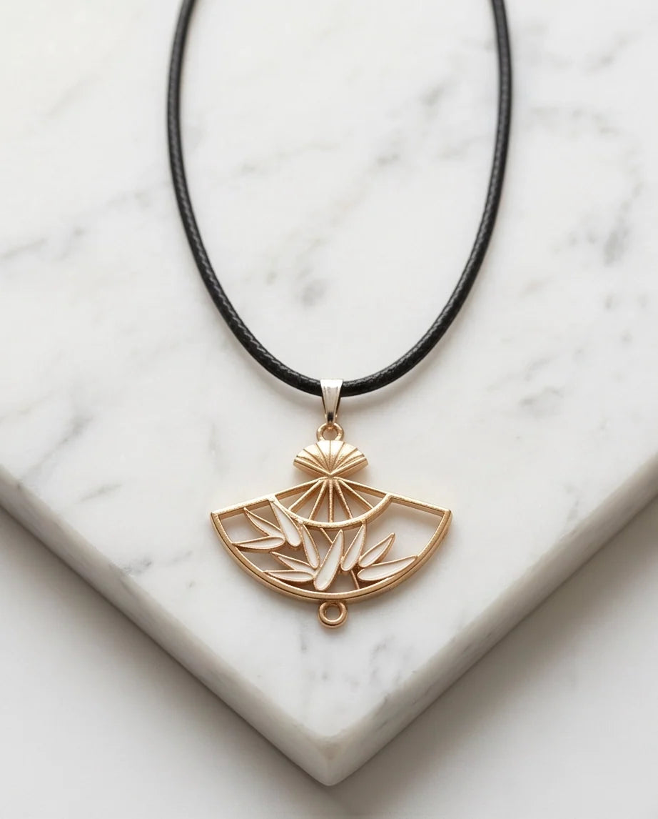 White Leaf Bamboo Fan Pendant Necklace