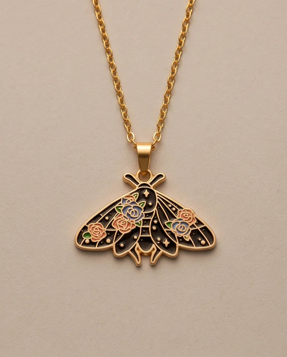 Gold Floral Moth Enamel Chain Necklace