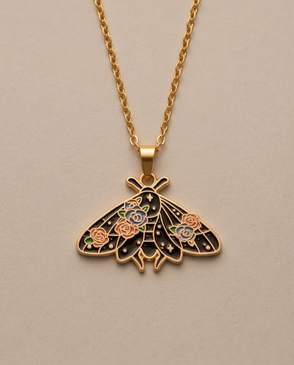 Gold Floral Moth Enamel Chain Necklace