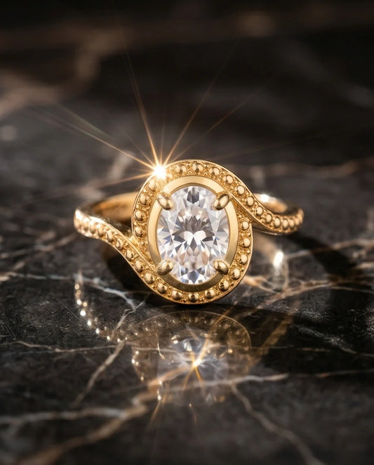 Luxury Gold Oval Moissanite Swirl Beaded Ring