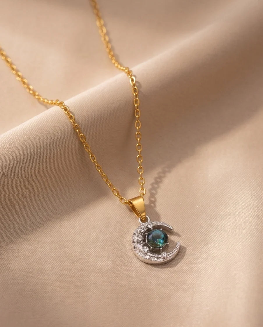 Silver Hammered Crescent Moon Galaxy Stone Pendant Necklace