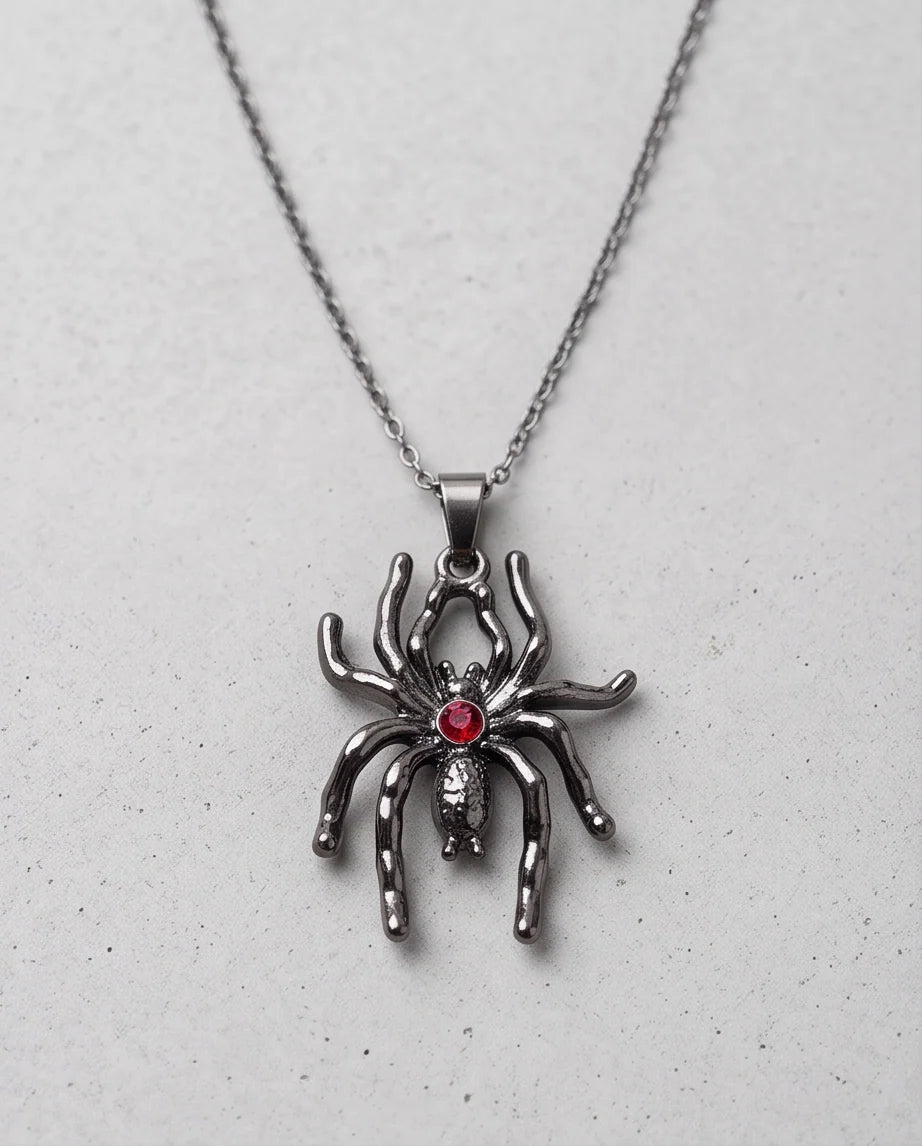 Black Spider Red Round Crystal Gem Pendant Necklace