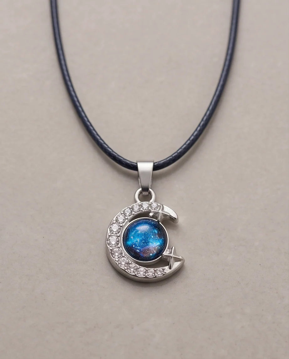 Silver Cosmic Galaxy Crescent Moon Pendant Necklace