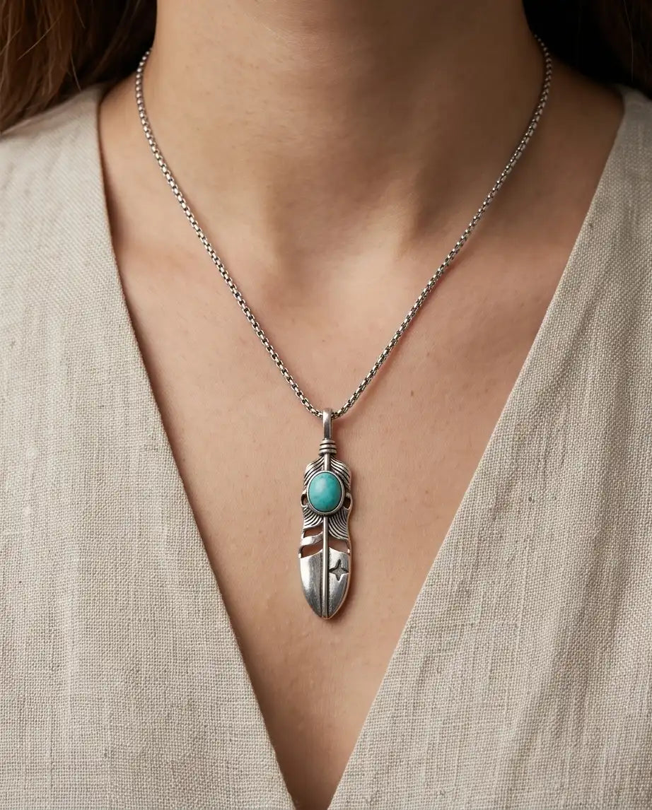 Turquoise Stone Feather Pendant Box Chain