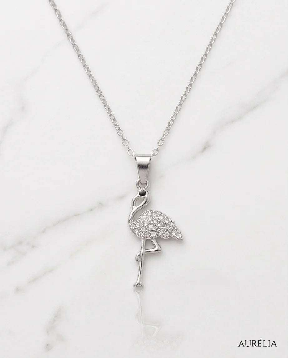 Silver Crystal Paved Flamingo Pendant Necklace