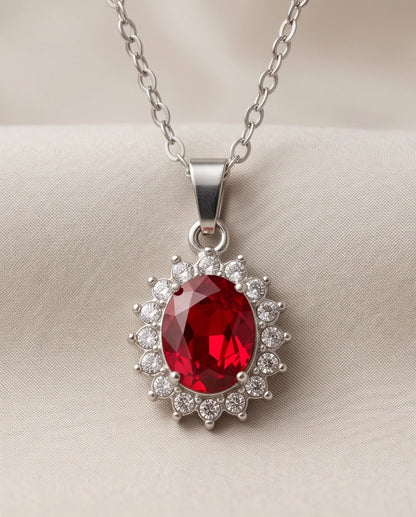 Silver Garnet Red Oval Halo Medallion Pendant Necklace