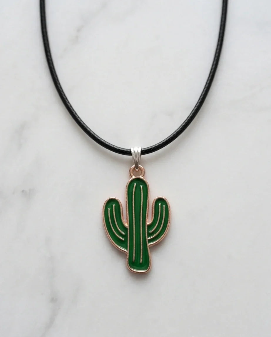 Gold and Green Cactus Pendant Necklace