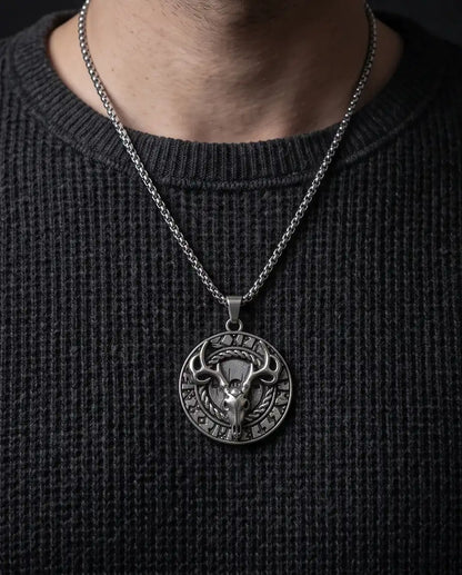 Antiqued Norse Rune Deer Skull Pendant Box Chain