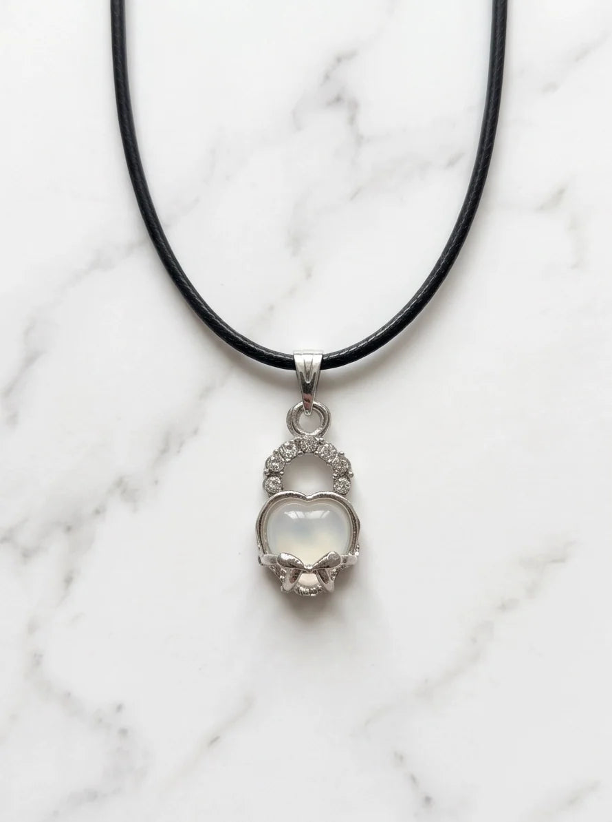 White Moonstone Heart Bow Lock Pendant Necklace