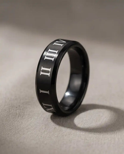 Black Roman Numeral Engraved Band Ring