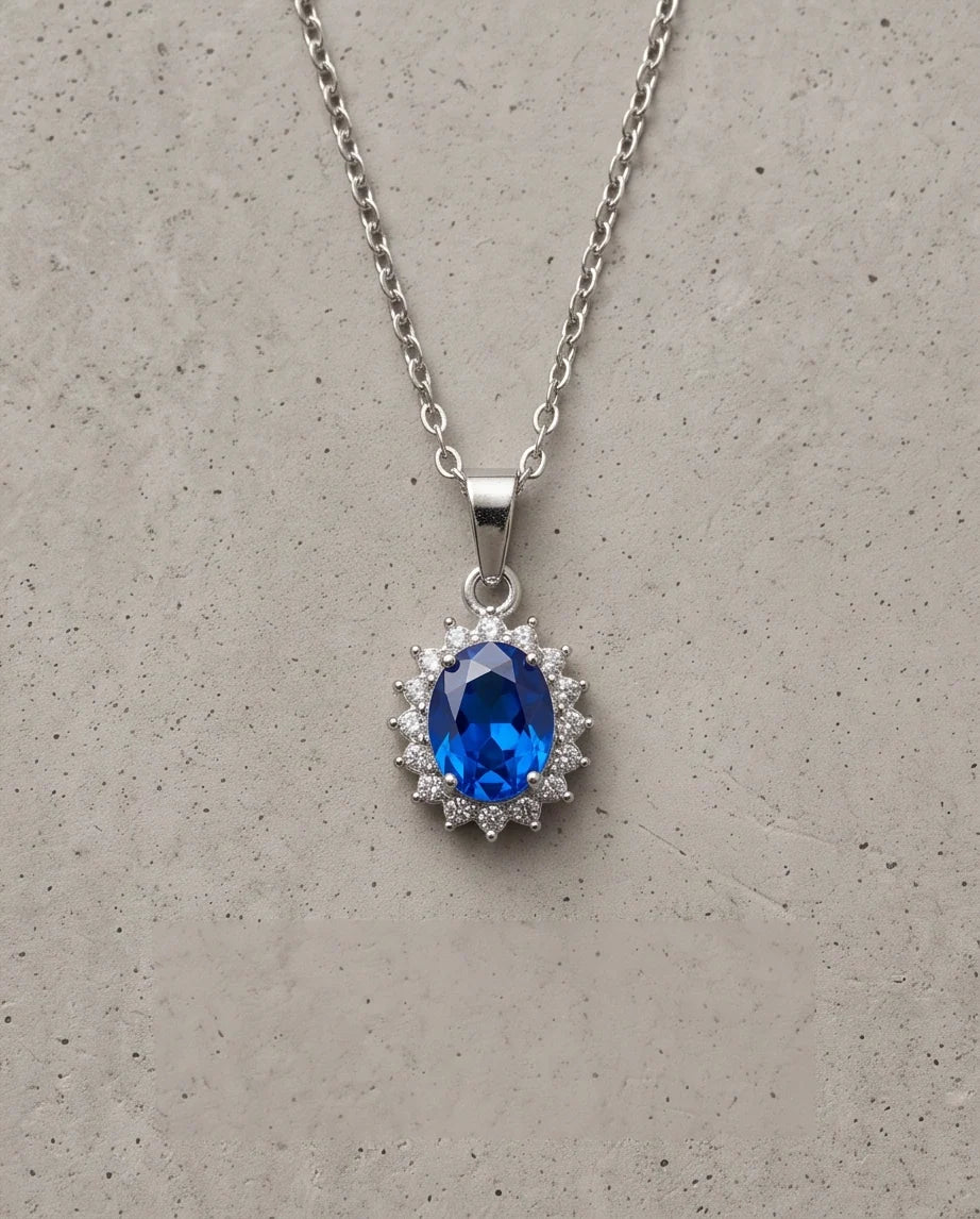 Silver Sapphire Blue Oval Halo Medallion Pendant Necklace
