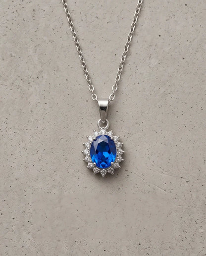 Silver Sapphire Blue Oval Halo Medallion Pendant Necklace