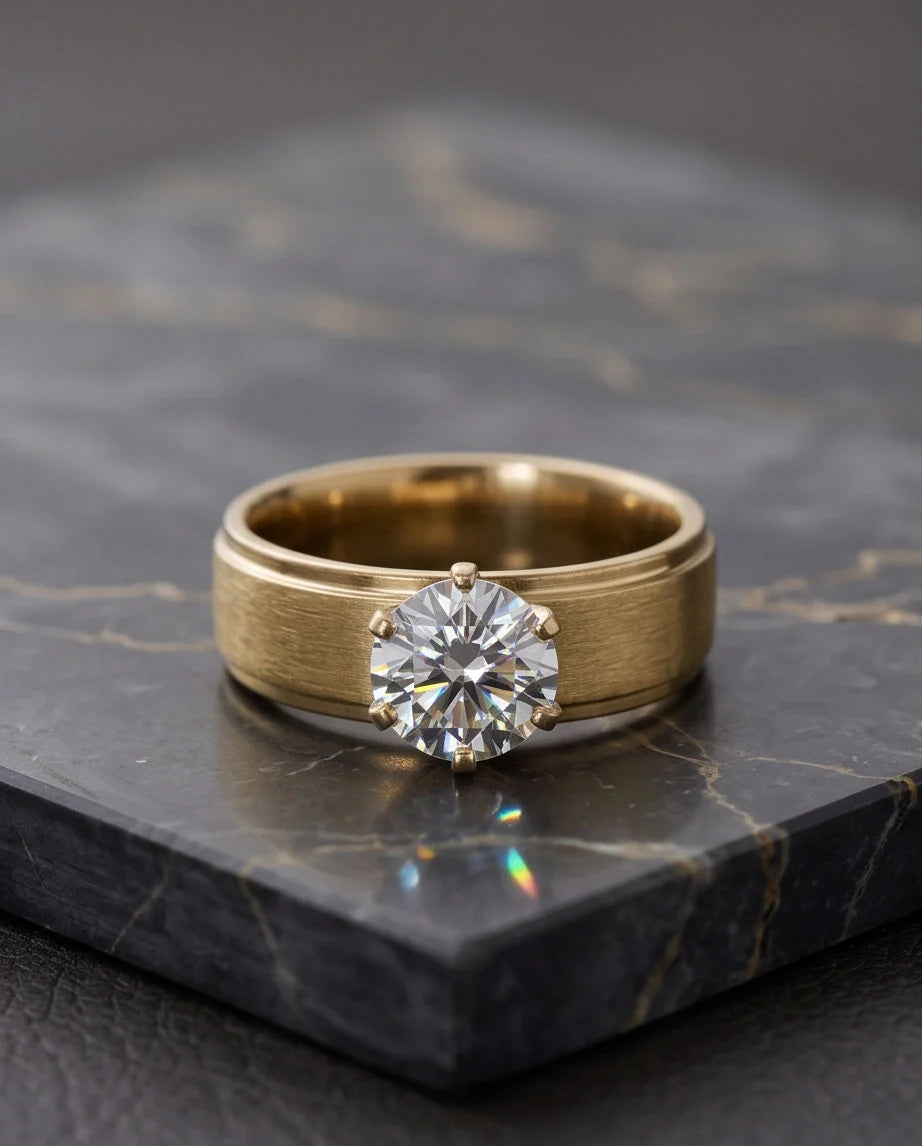 Gold Round Gemstone Brushed Solitaire Ring