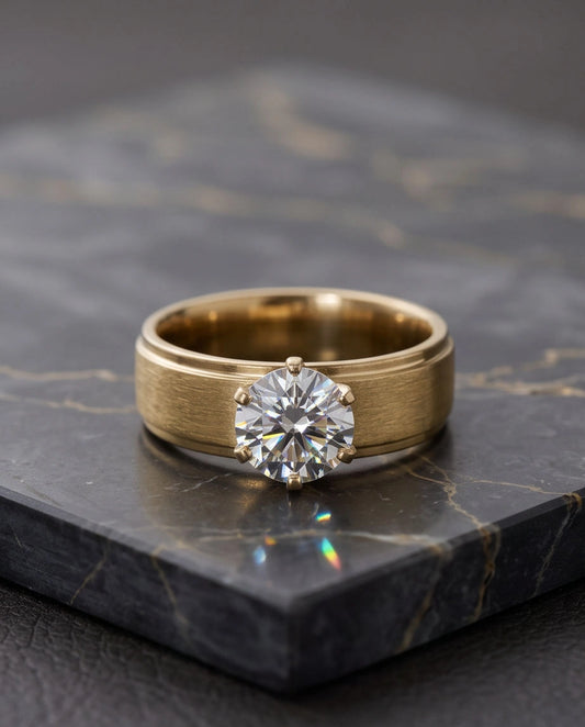 Gold Round Gemstone Brushed Solitaire Ring