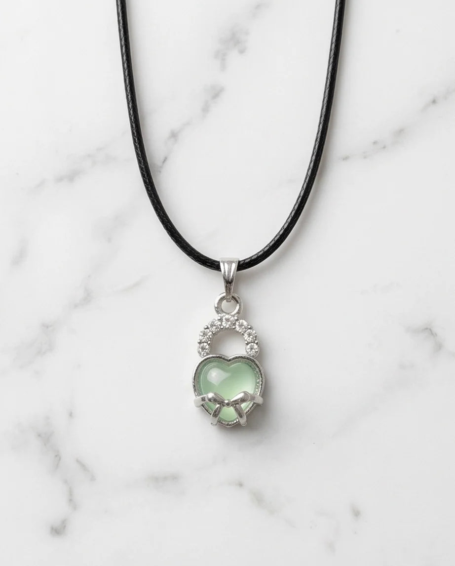 Green Heart Bow Lock Pendant Necklace