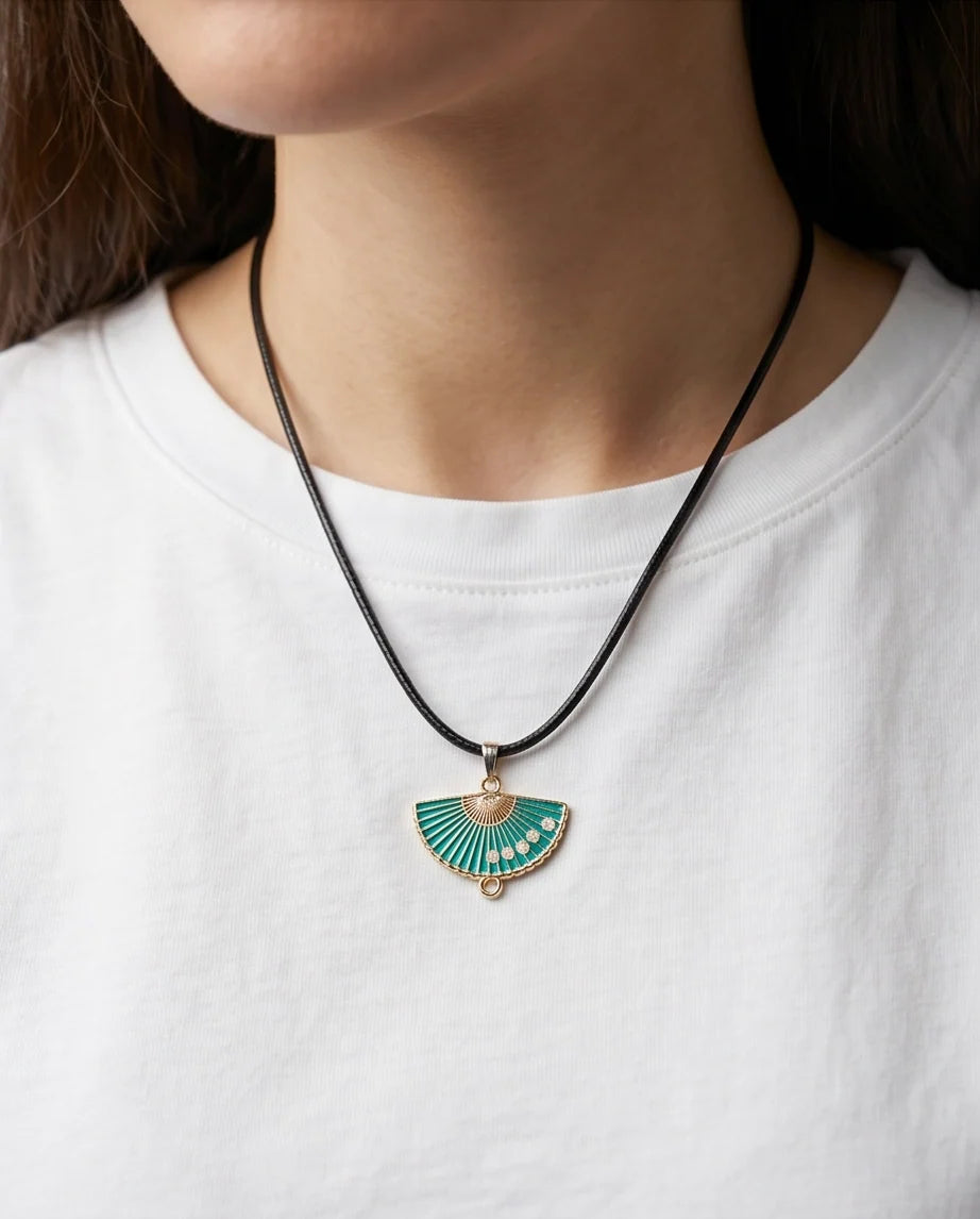 Teal Floral Fan Pendant Necklace