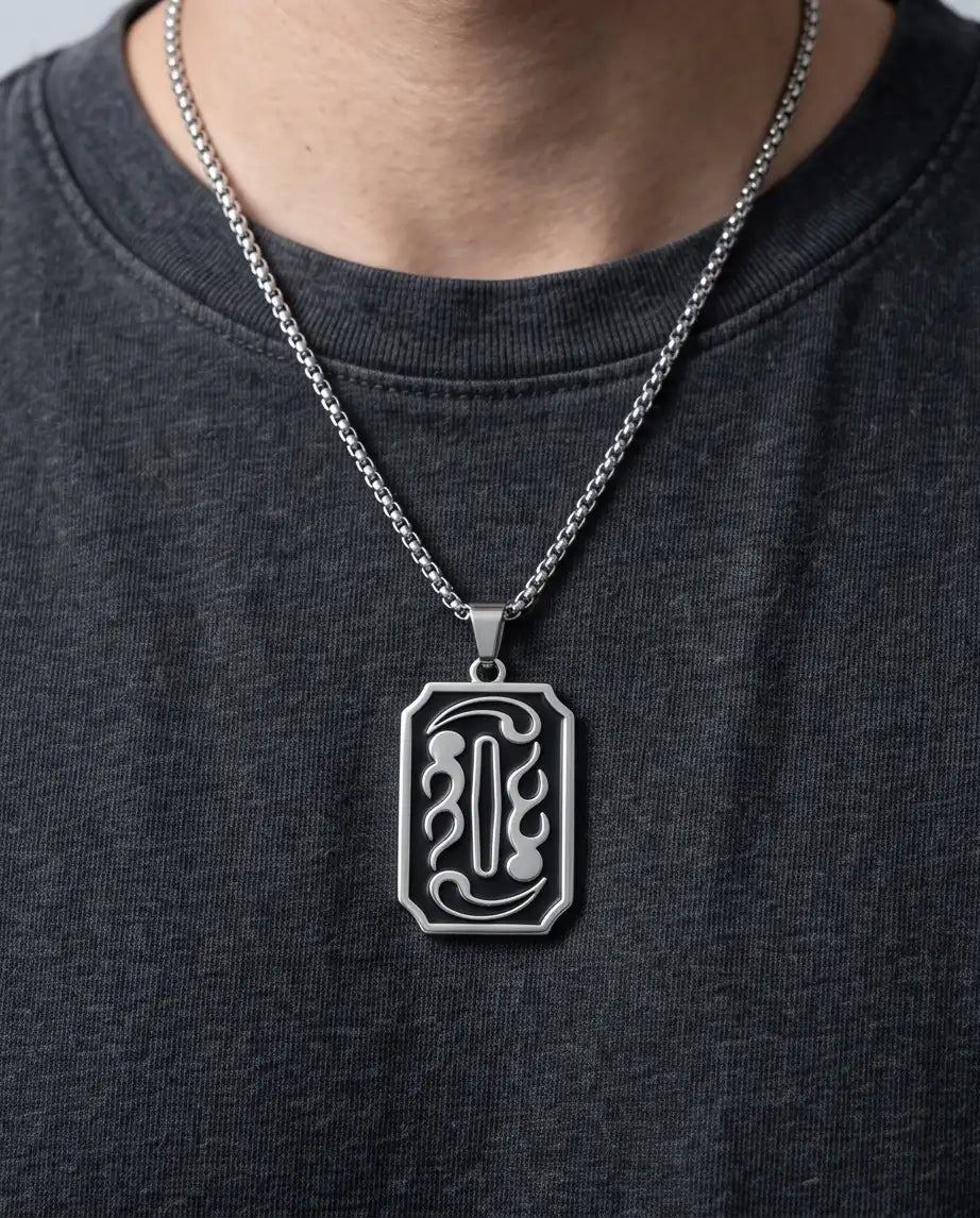 Moon Phase Abstract Calligraphy Tag Silver Box Chain Necklace
