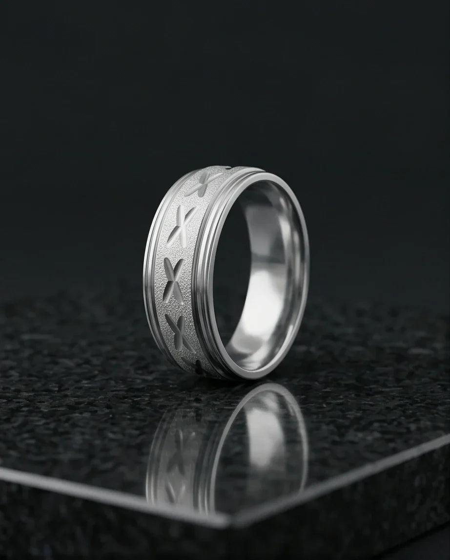Textured Silver 'X' Engraved Band Ring