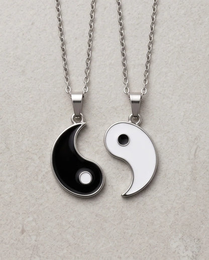 Silver Yin Yang Couple Enamel Pendant Necklace Set