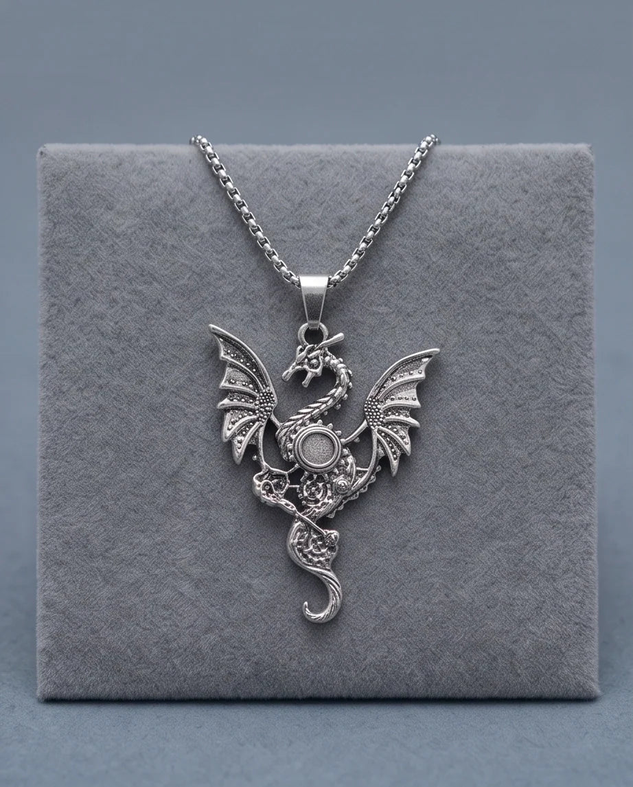 Silver Steampunk Dragon Gear Pendant Necklace