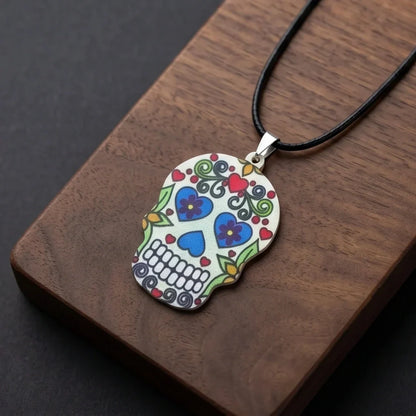 Vibrant White Sugar Skull Día de los Muertos Pendant Necklace