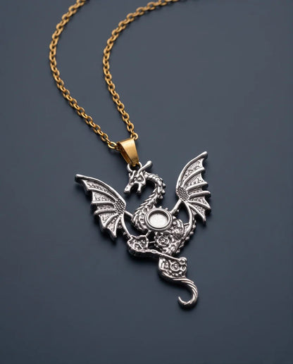 Silver Steampunk Dragon Gear Pendant Necklace
