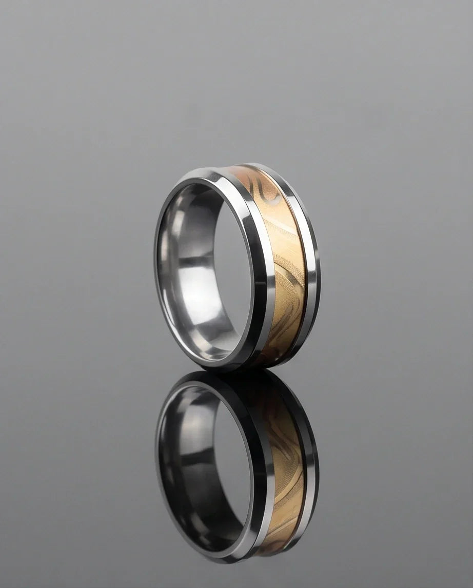 Natural Olive Wood Inlay Silver Band Ring