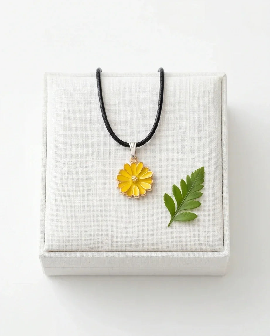 Vibrant Yellow Sunflower Enamel Pendant Necklace with Crystal Accent