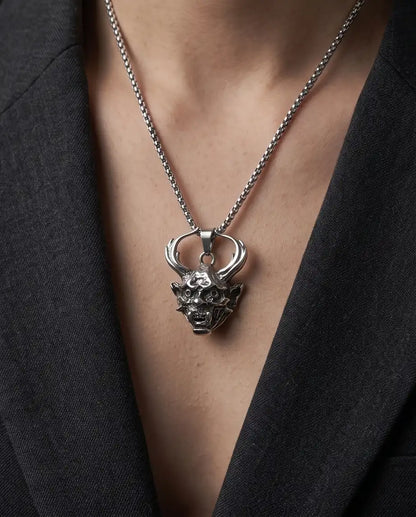 Antiqued Horned Oni Demon Mask Pendant Box Chain