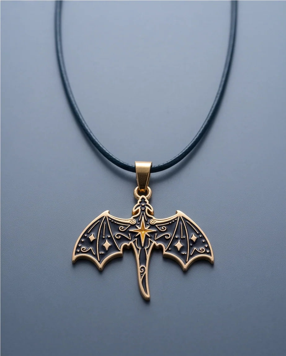 Gold Celestial Bat Enamel Pendant Necklace