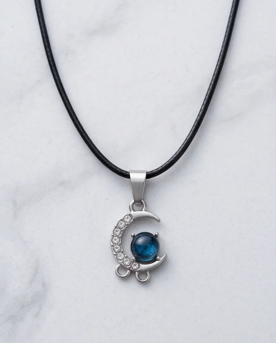 Silver Crystal Crescent Moon & Cosmic Blue Stone Pendant Necklace