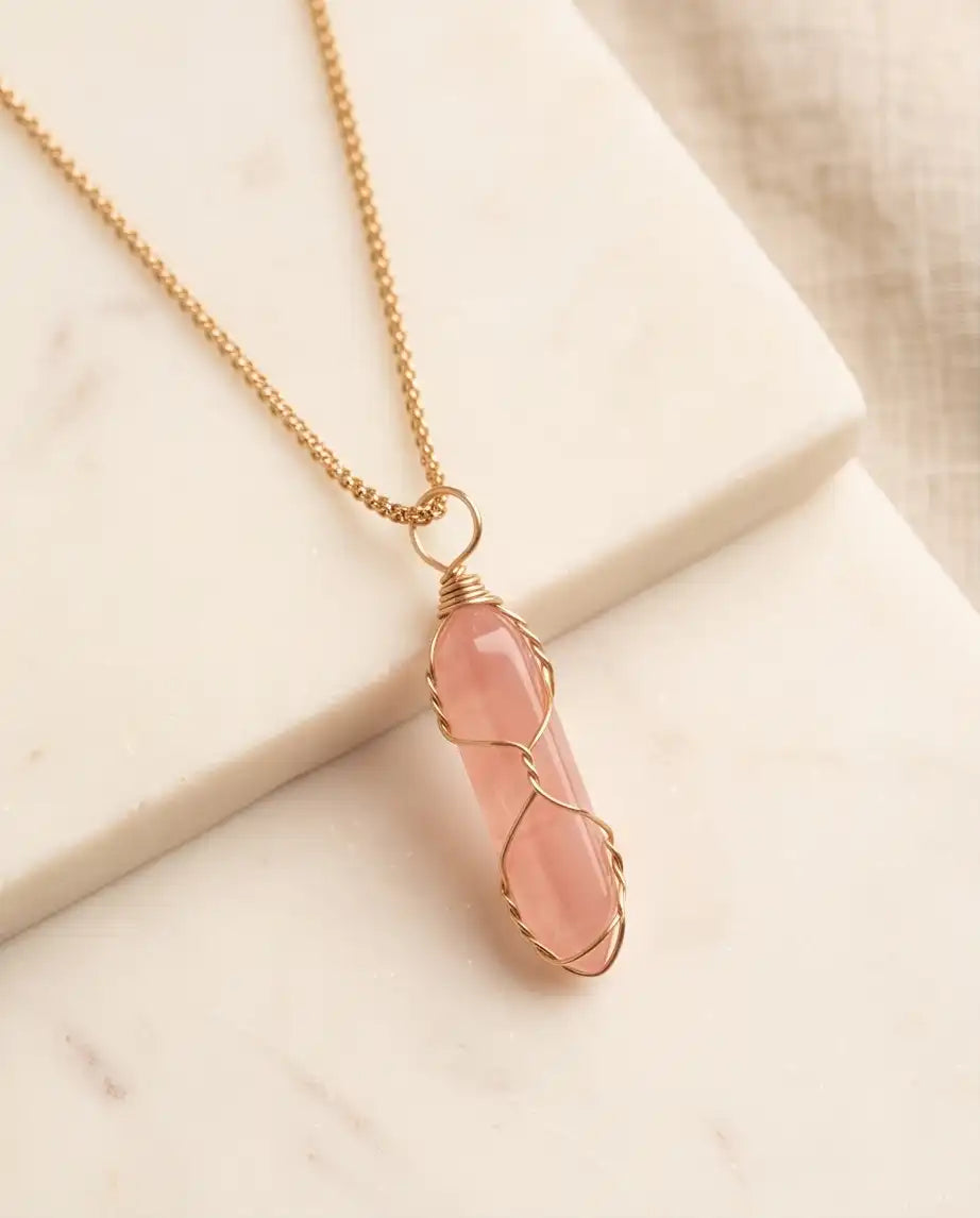 Wire-Wrapped Rose Quartz Crystal Point Pendant Box Chain