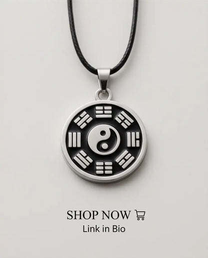 Yin Yang Bagua Symbol Medallion Silver Box Chain Necklace