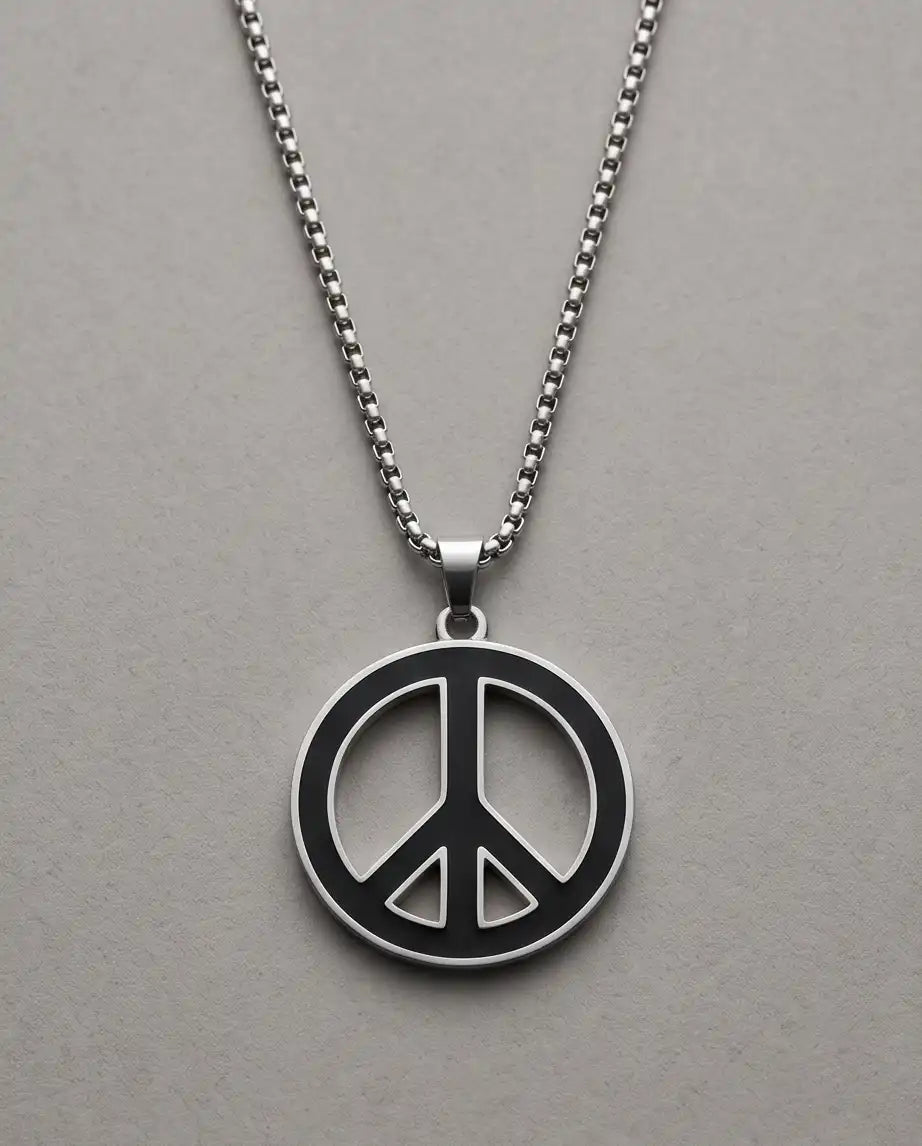 Black Enamel Peace Symbol Medallion Silver Box Chain Necklace