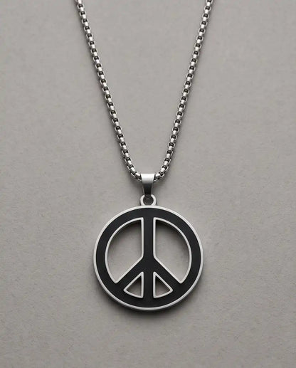 Black Enamel Peace Symbol Medallion Silver Box Chain Necklace