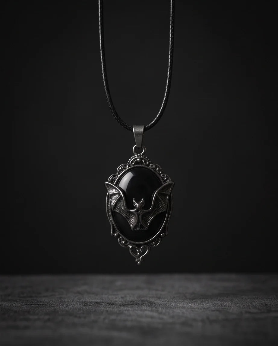 Antique Silver Gothic Bat Black Enamel Medallion Chain Necklace