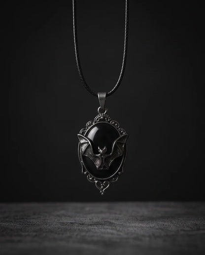 Antique Silver Gothic Bat Black Enamel Medallion Chain Necklace