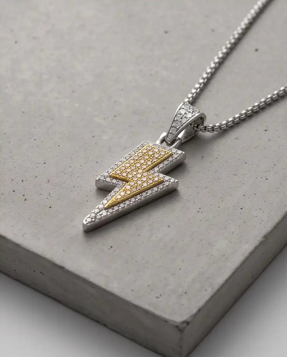 Iced Two-Tone Lightning Bolt Pendant Box Chain